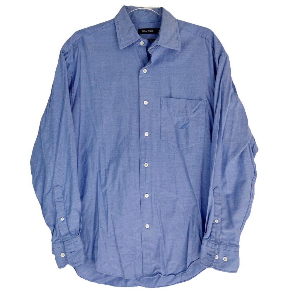 Nautica Blue 80s Two Ply Cotton Button Down Long Sleeve Shirt Men Medium Classic